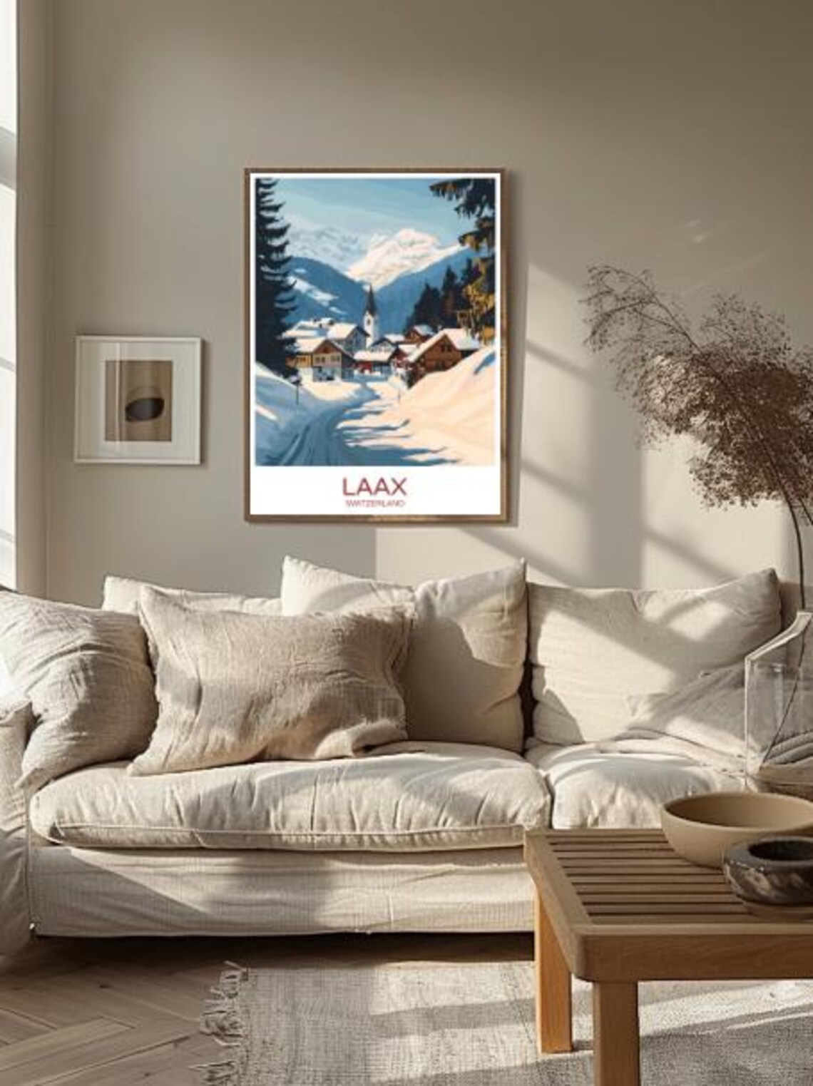 Laax Switzerland Snowy Alpine Village Poster With Church Mountain View - Image 2