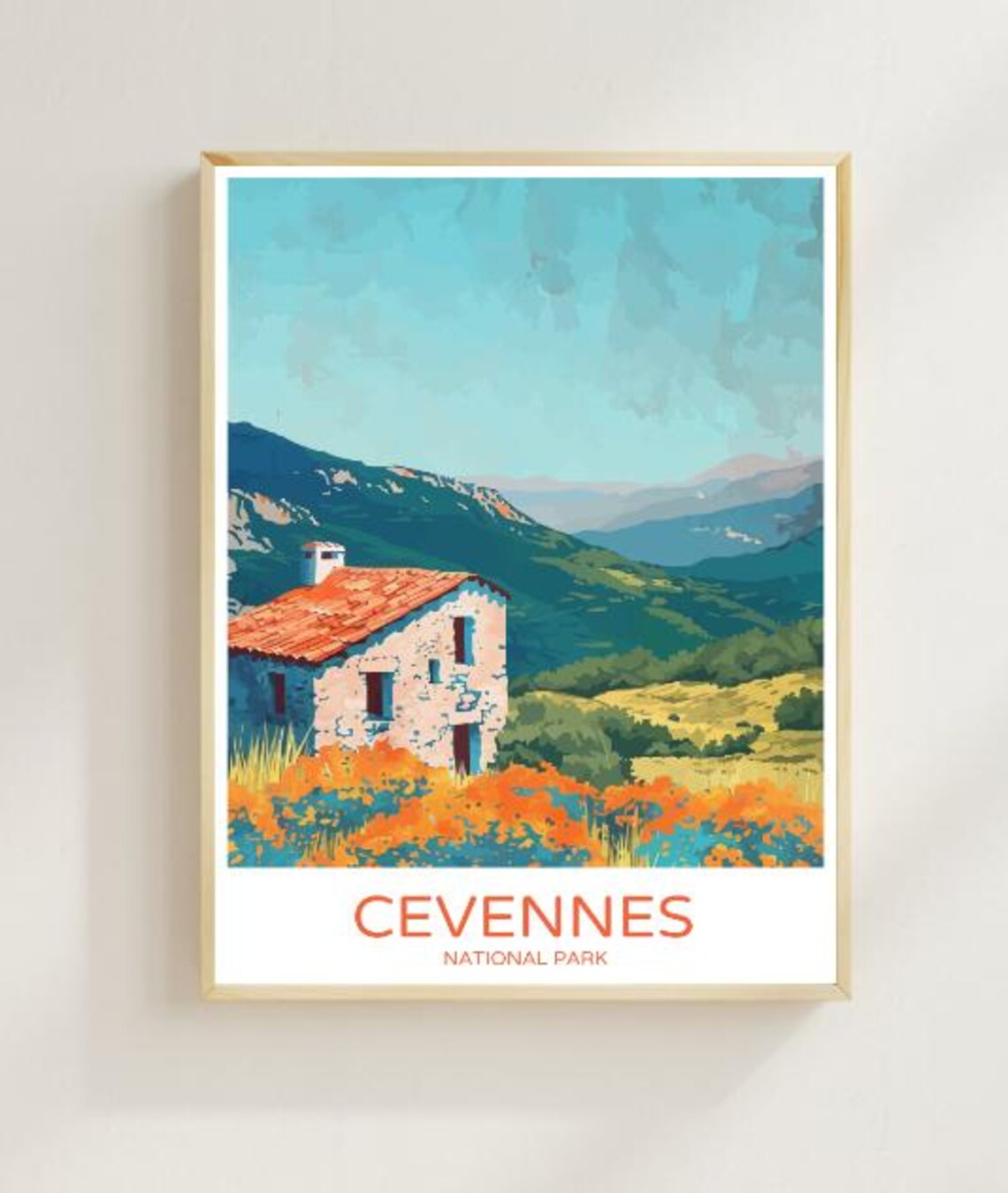 Cevennes National Park Stone Cottage and Wildflowers Travel Poster