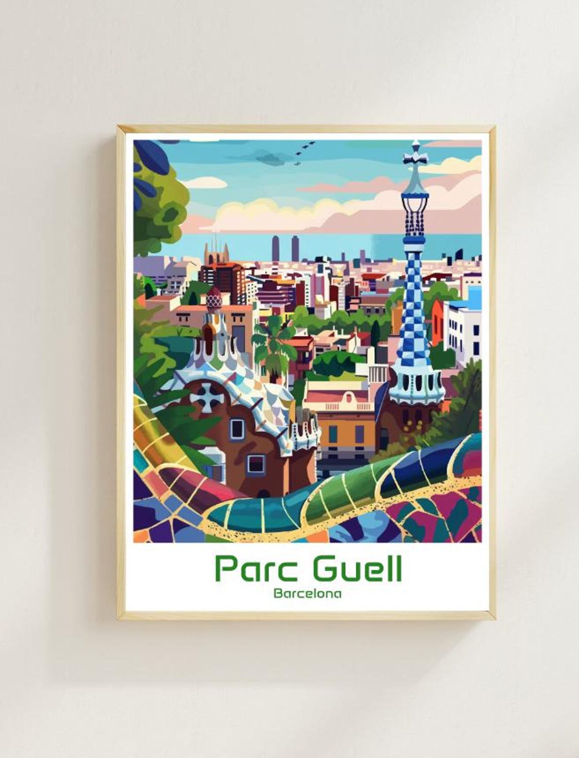 Park Guell Barcelona Gaudi Mosaic Terrace City View Travel Poster