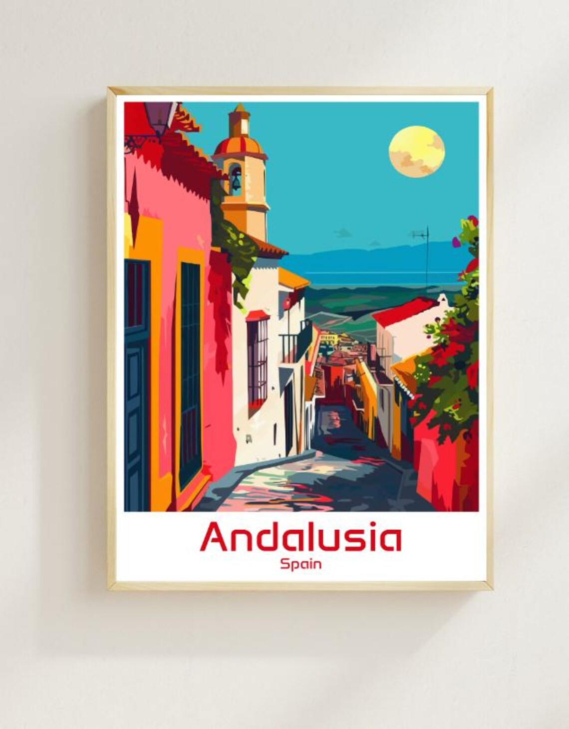 Andalusia Spain Colorful Village Street Bell Tower Moon Poster