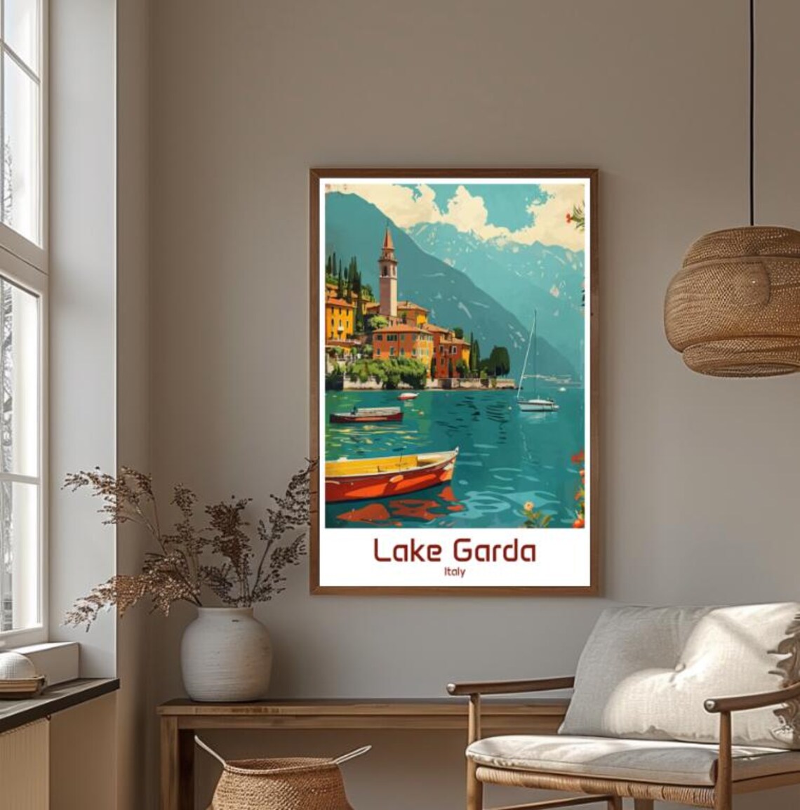 Lake Garda Italy Village Bell Tower Boats Lake Travel Poster - Image 4