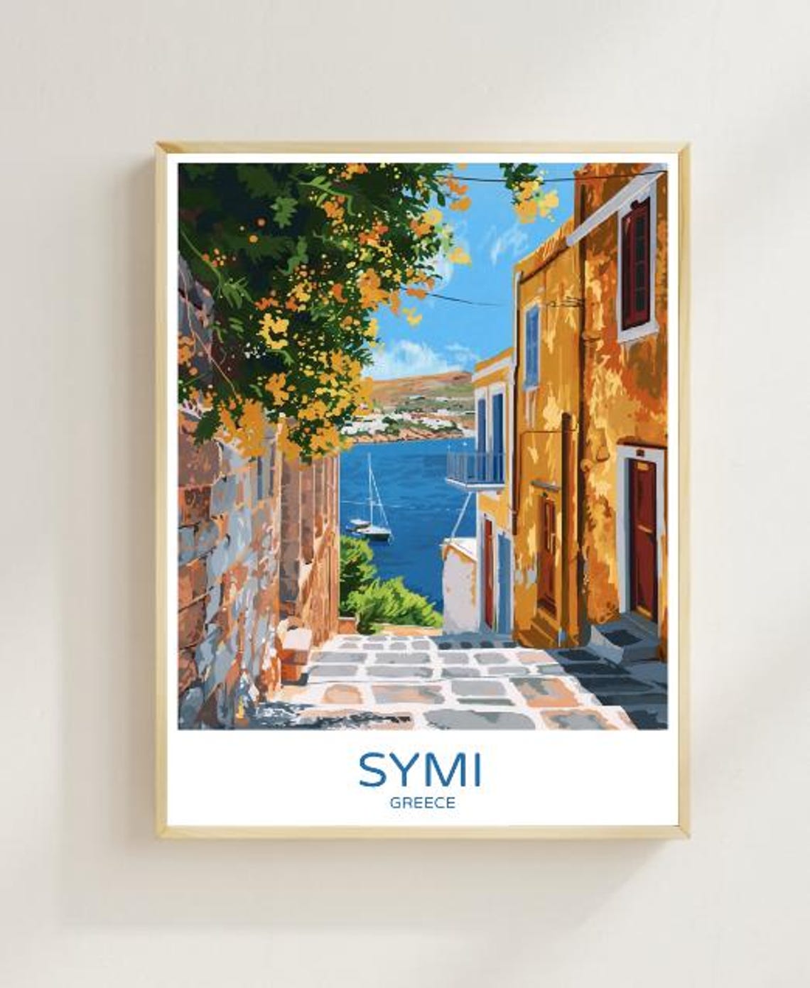 Symi Greece Stone Alley Bougainvillea Sailboat Harbor View Poster