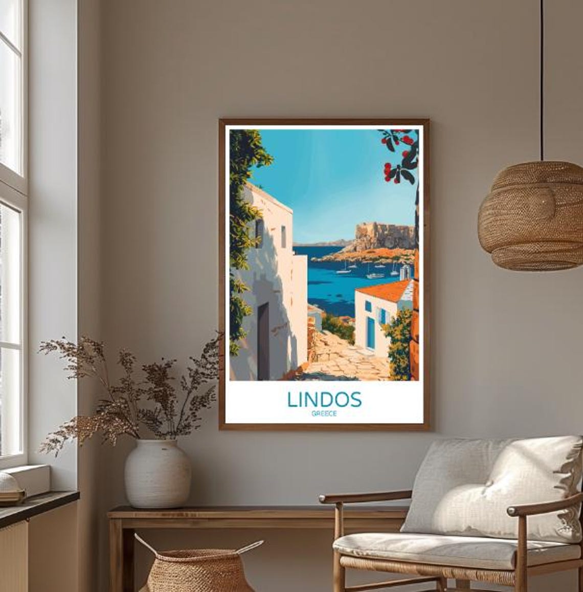 Lindos Greece White Alley Blue Bay Boats Ancient Acropolis Poster - Image 3