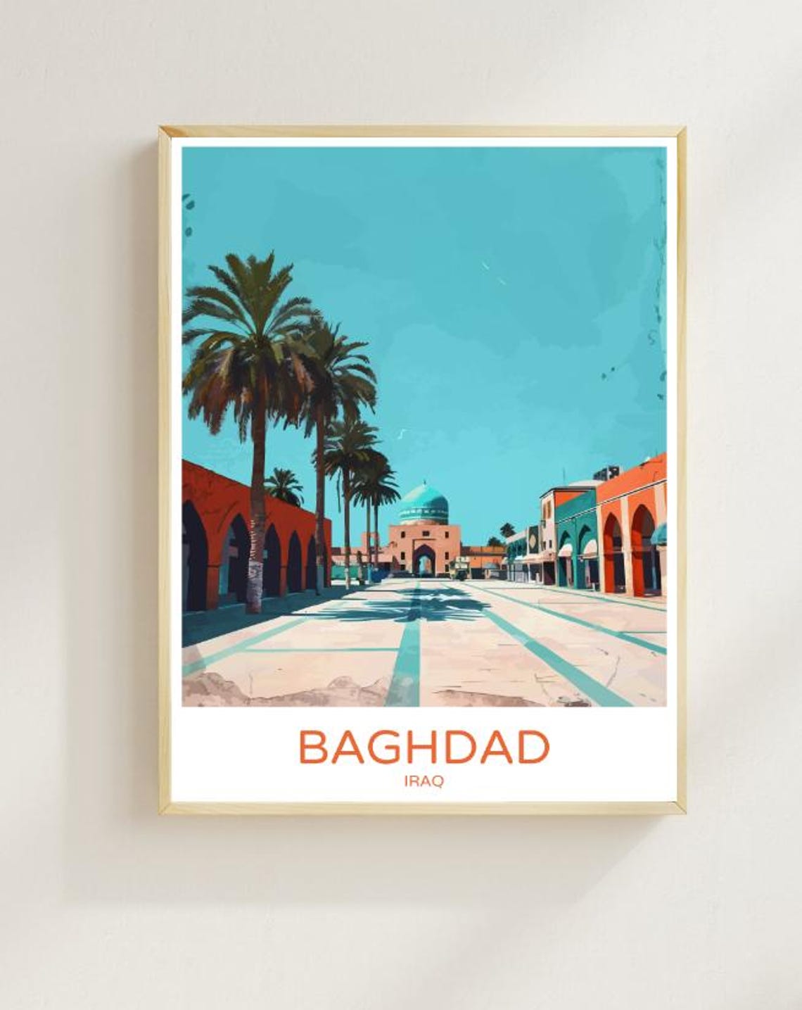 Baghdad Iraq Plaza With Palms And Domed Mosque Travel Poster