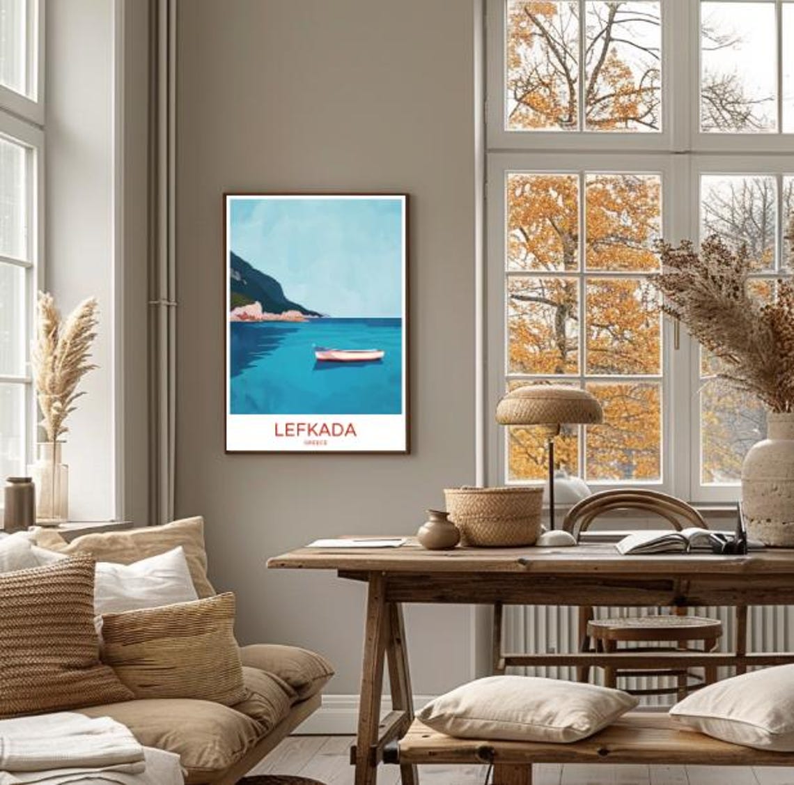 Turquoise Lefkada Greece Ionian Boat Cliffs Coastal Travel Poster - Image 4