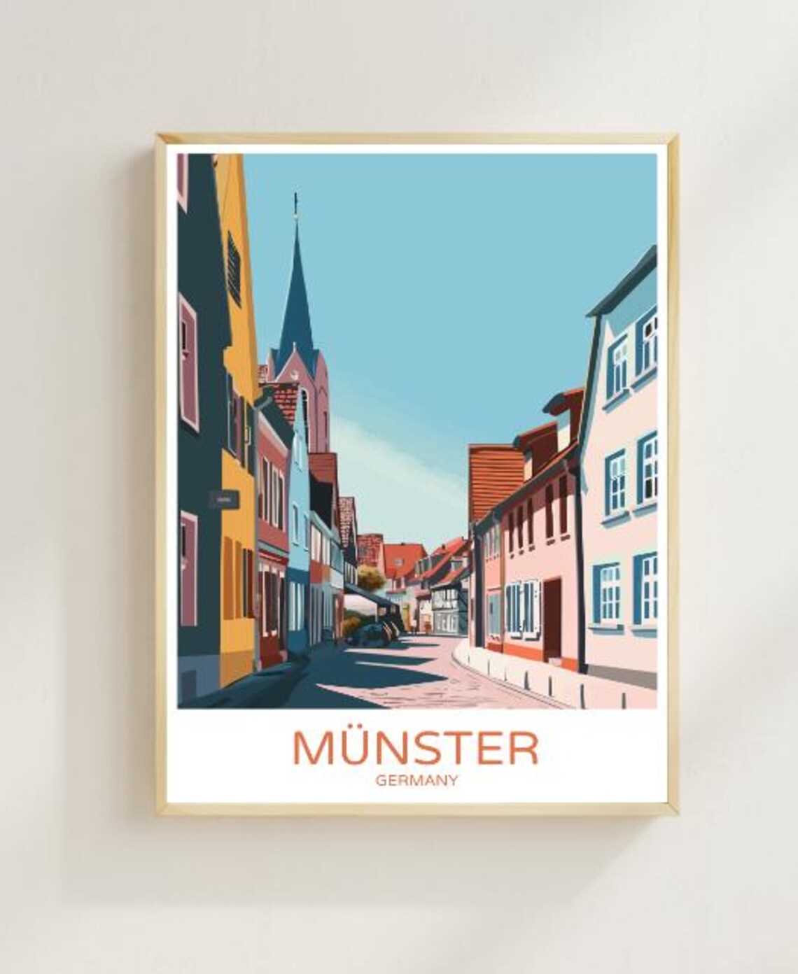 Münster Germany Travel Poster Colorful Street And Church Spire View
