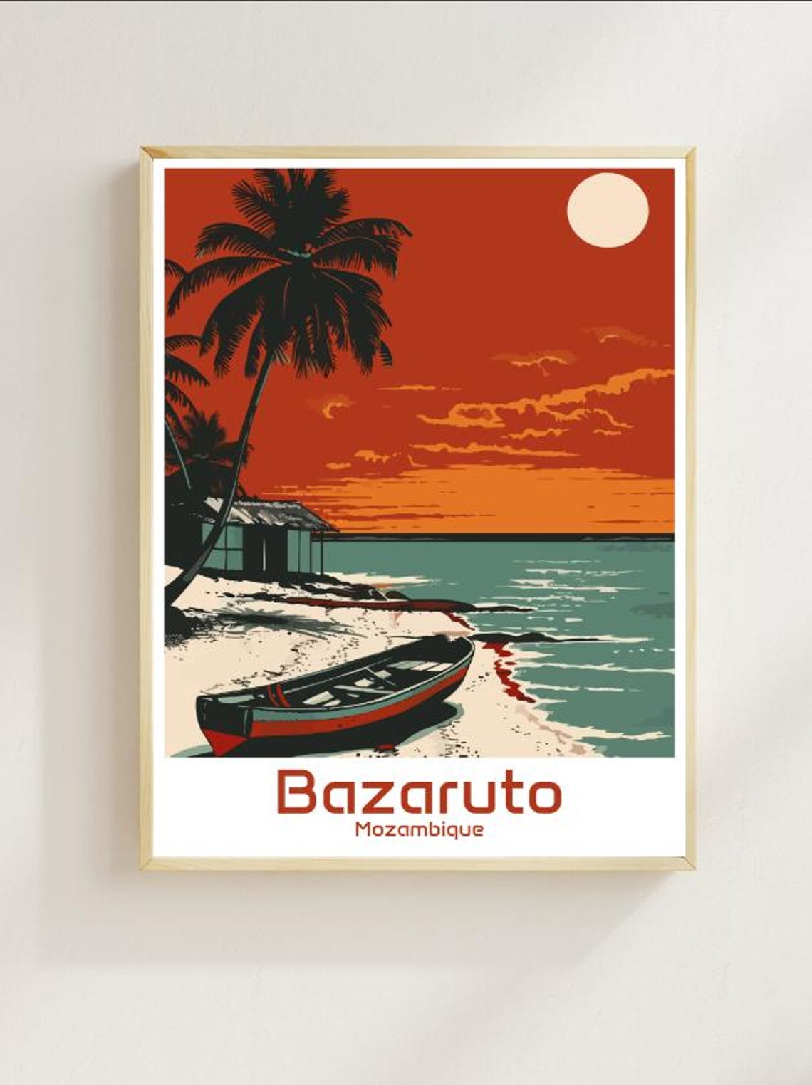 Bazaruto Mozambique Dhow Boat Beach Sunset Palms Retro Poster