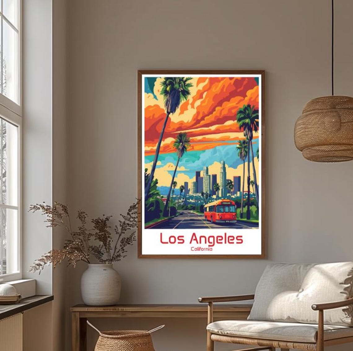 Los Angeles California Downtown Skyline Palms And Red Bus Poster - Image 4