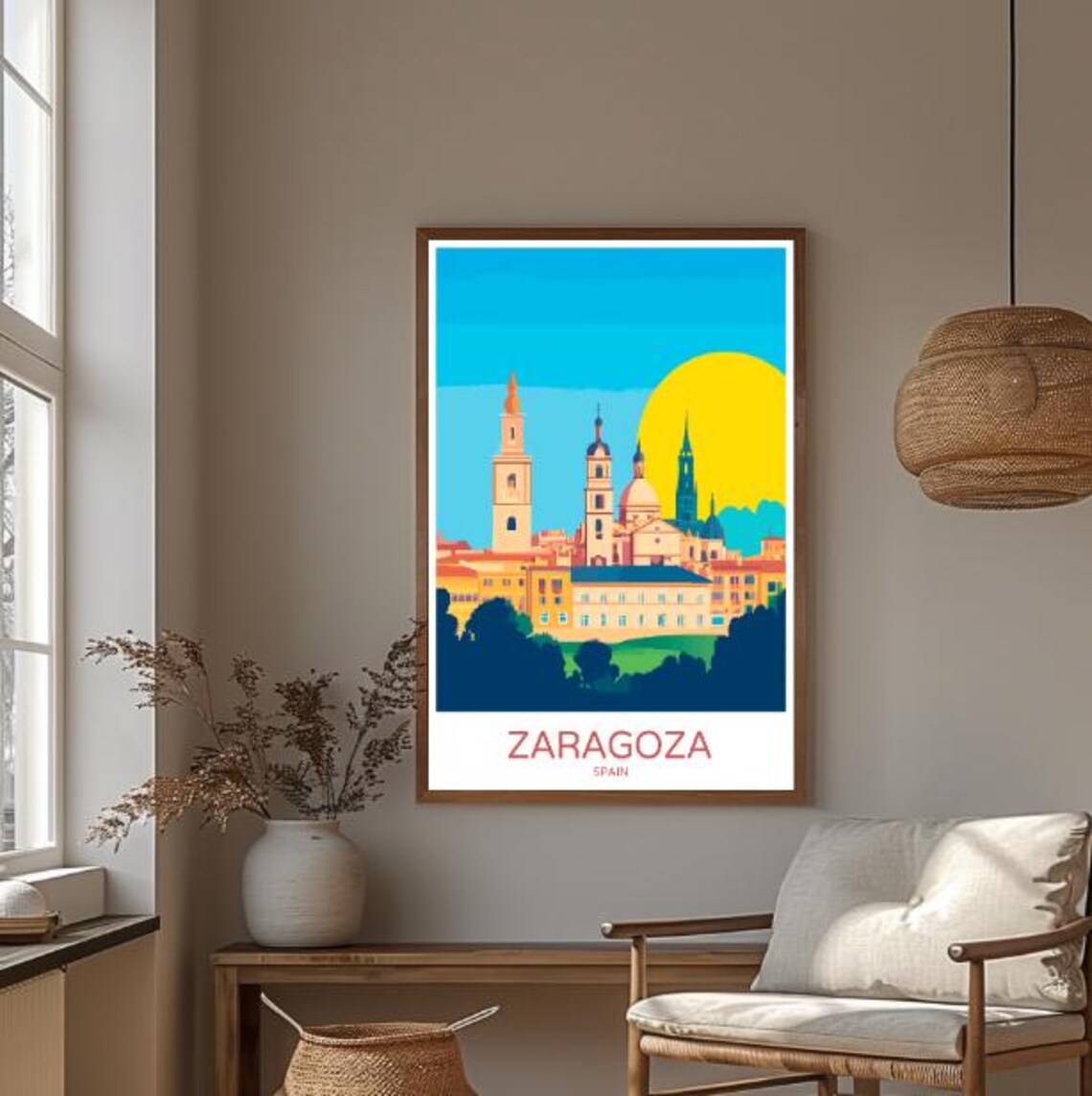Zaragoza Spain Basilica Towers Sunset Skyline Vintage Travel Poster - Image 3