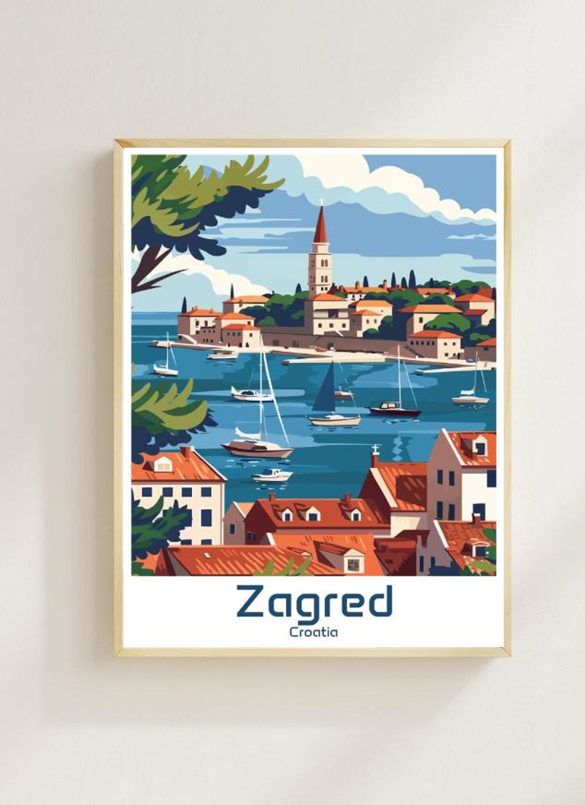 Zagreb Croatia Adriatic Harbor Sailboat Skyline Travel Art Poster