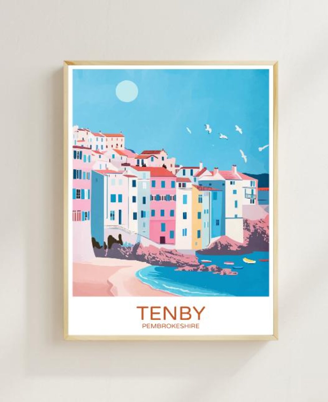 Tenby Pembrokeshire Wales Travel Poster with Colorful Cliffside Houses