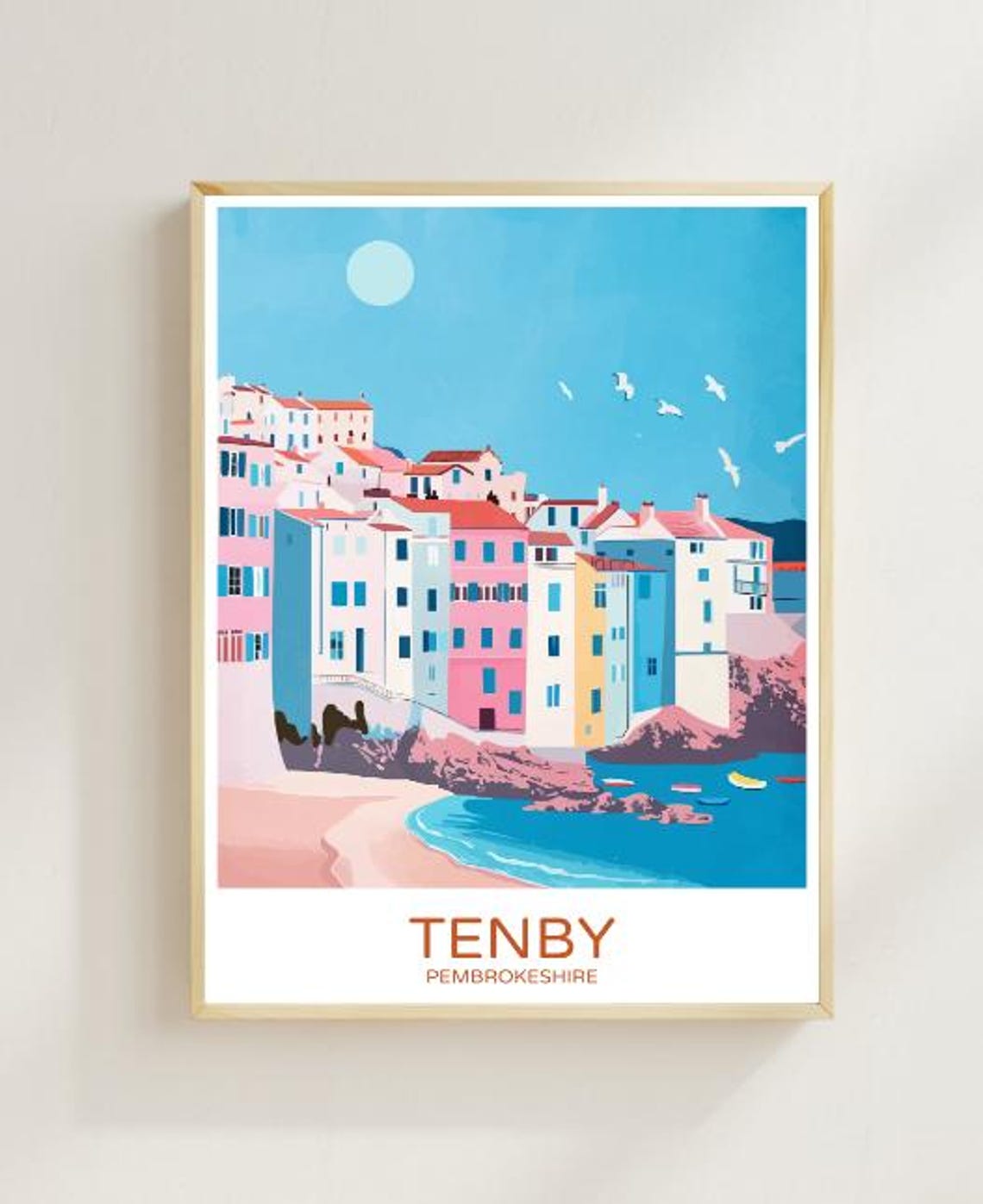 Tenby South Wales Travel Poster Coastal Wall Art Of Picturesque Harbor And Beach Uk Travel Print Nautical Decor Holiday Gift