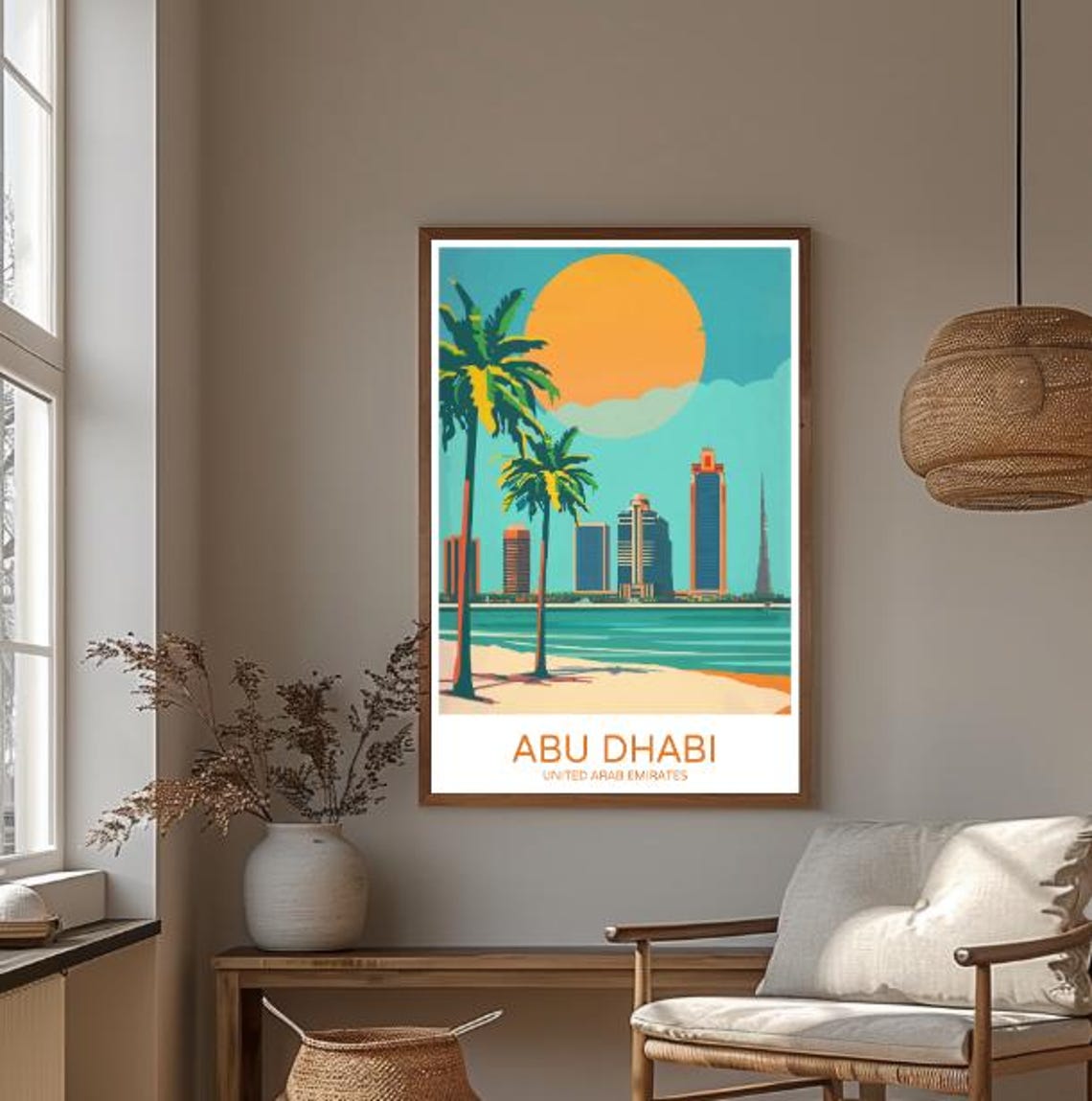 Abu Dhabi UAE Palm Beach Sunset Skyline Vintage Travel Poster - Image 3