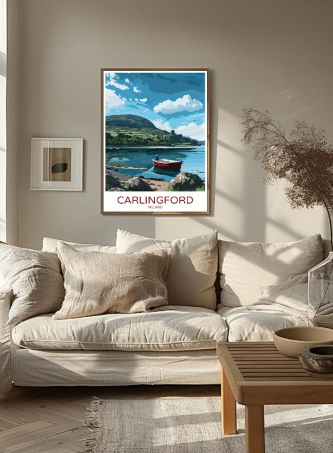 Carlingford Ireland Red Boat Mountain Lake Coastal View Poster - Image 3