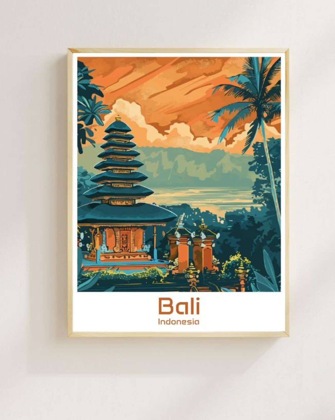Bali Indonesia Balinese Temple Sunset Glow Vintage Travel Poster