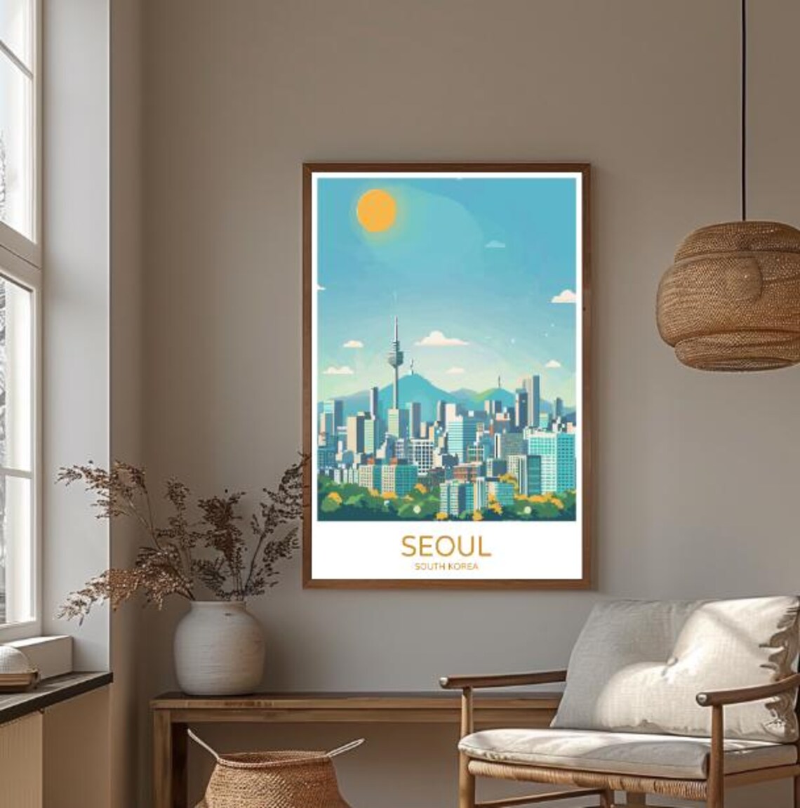 Golden Seoul South Korea N Tower City Skyline Sun Travel Poster - Image 3