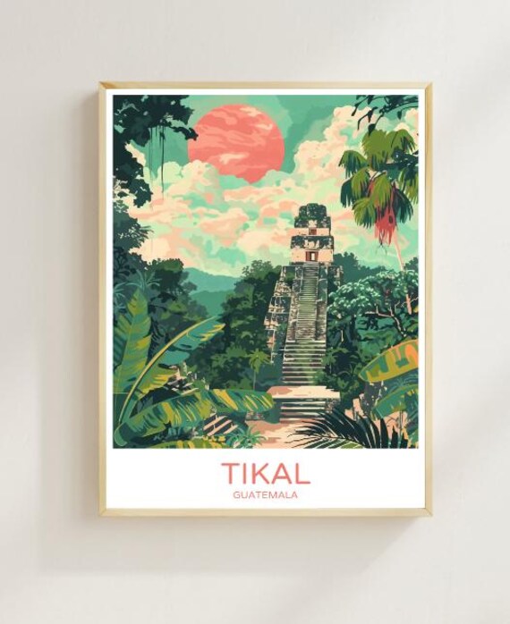 Tikal Guatemala Ancient Mayan Temple Poster In Lush Jungle Sunset Art