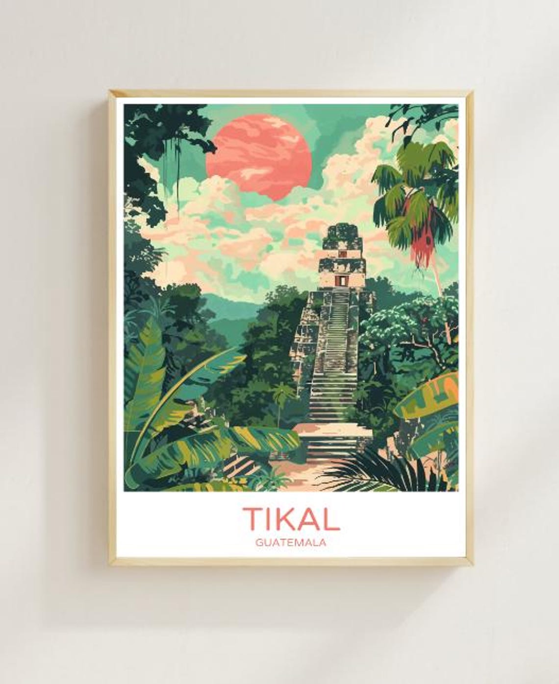 Tikal Guatemala Ancient Mayan Temple Poster In Lush Jungle Sunset Art
