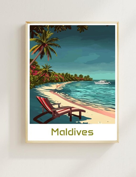 Maldives Tropical Beach Paradise With Palm Trees And Sailboat Print