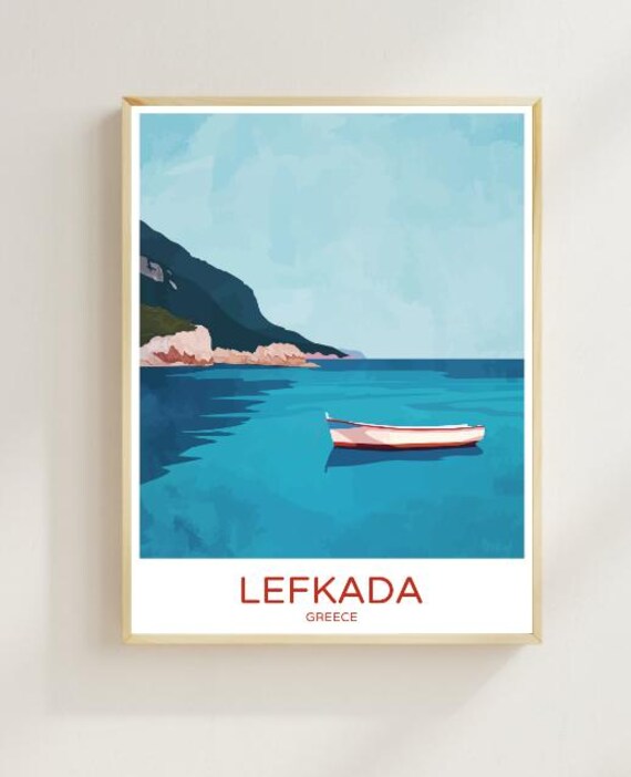 Turquoise Lefkada Greece Ionian Boat Cliffs Coastal Travel Poster