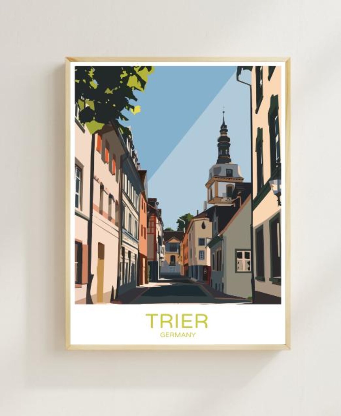 Trier Germany Historic Street with Church Tower Old Town Travel Poster