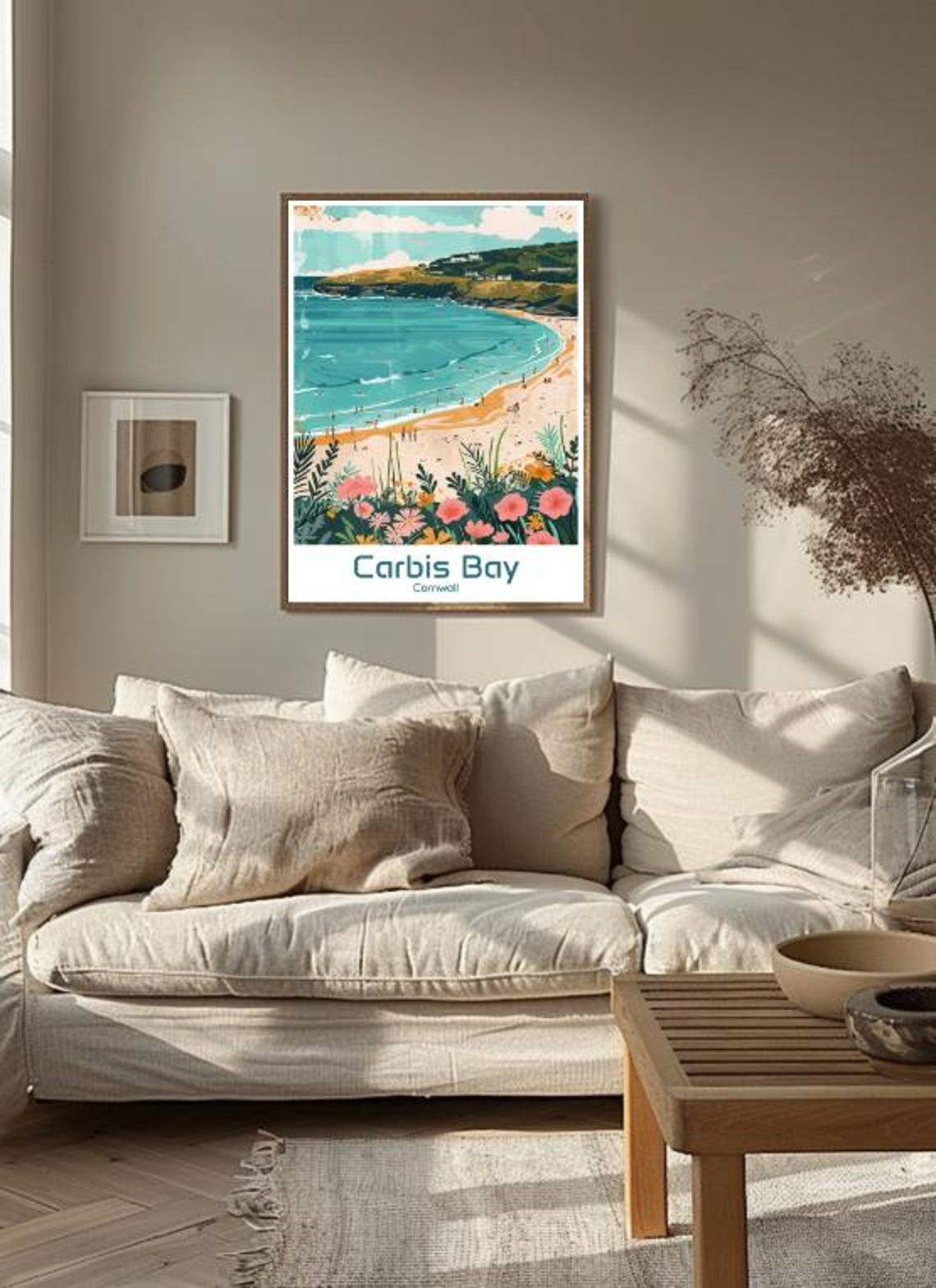 Carbis Bay Cornwall Crescent Beach Bathers and Flowers Poster - Image 3