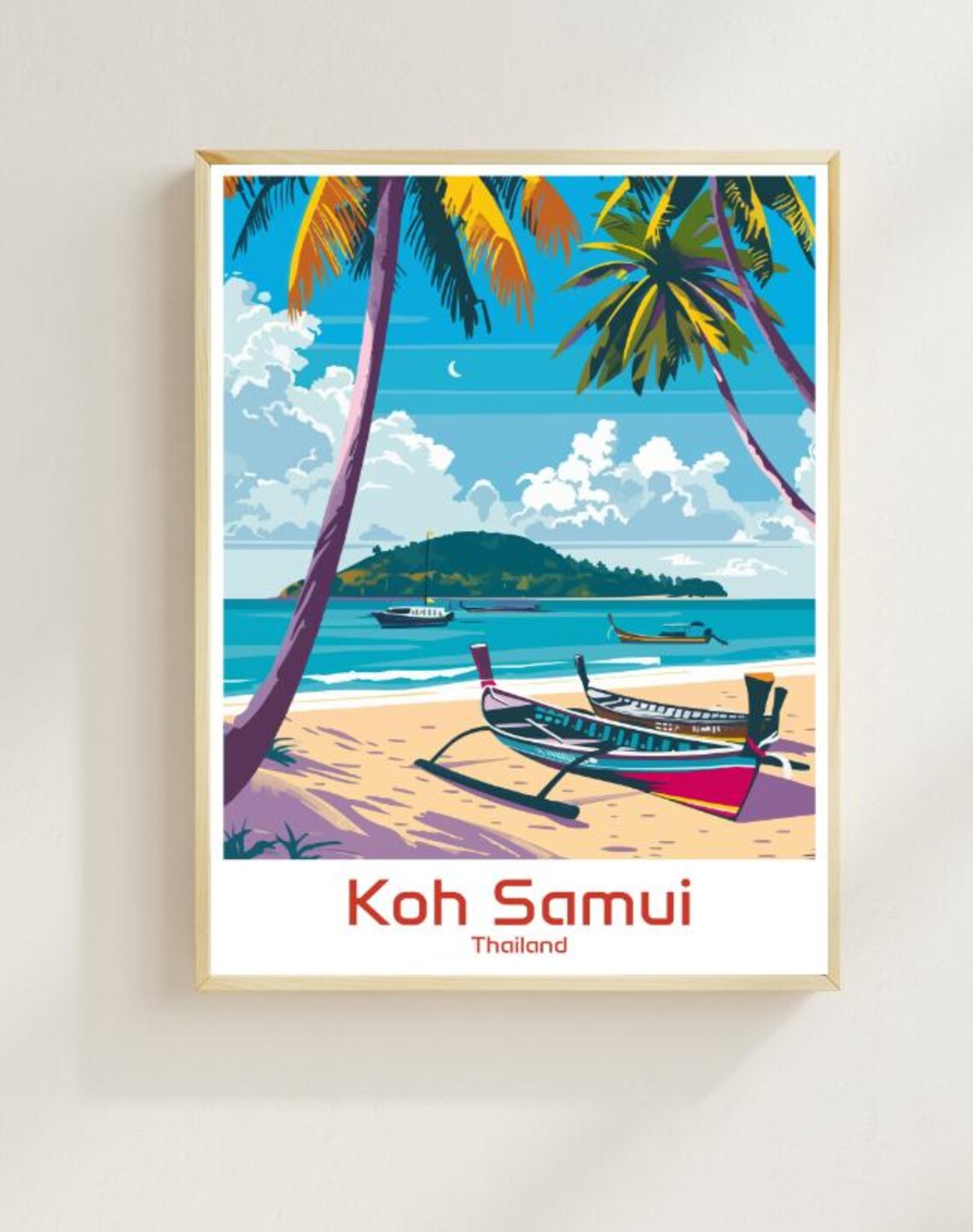 Koh Samui Thailand Beach Longtail Boats Island Travel Poster