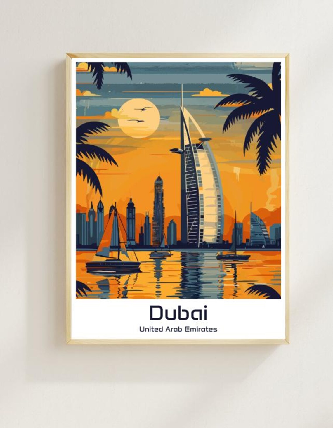 Dubai Burj Al Arab Hotel Sunset Skyline Vintage Travel Poster