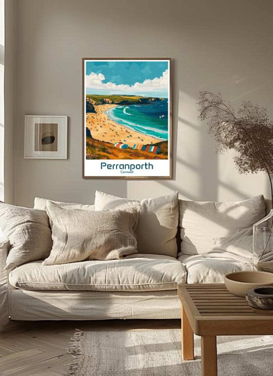 Perranporth Cornwall Golden Summer Beach Huts Coastal Travel Poster - Image 3