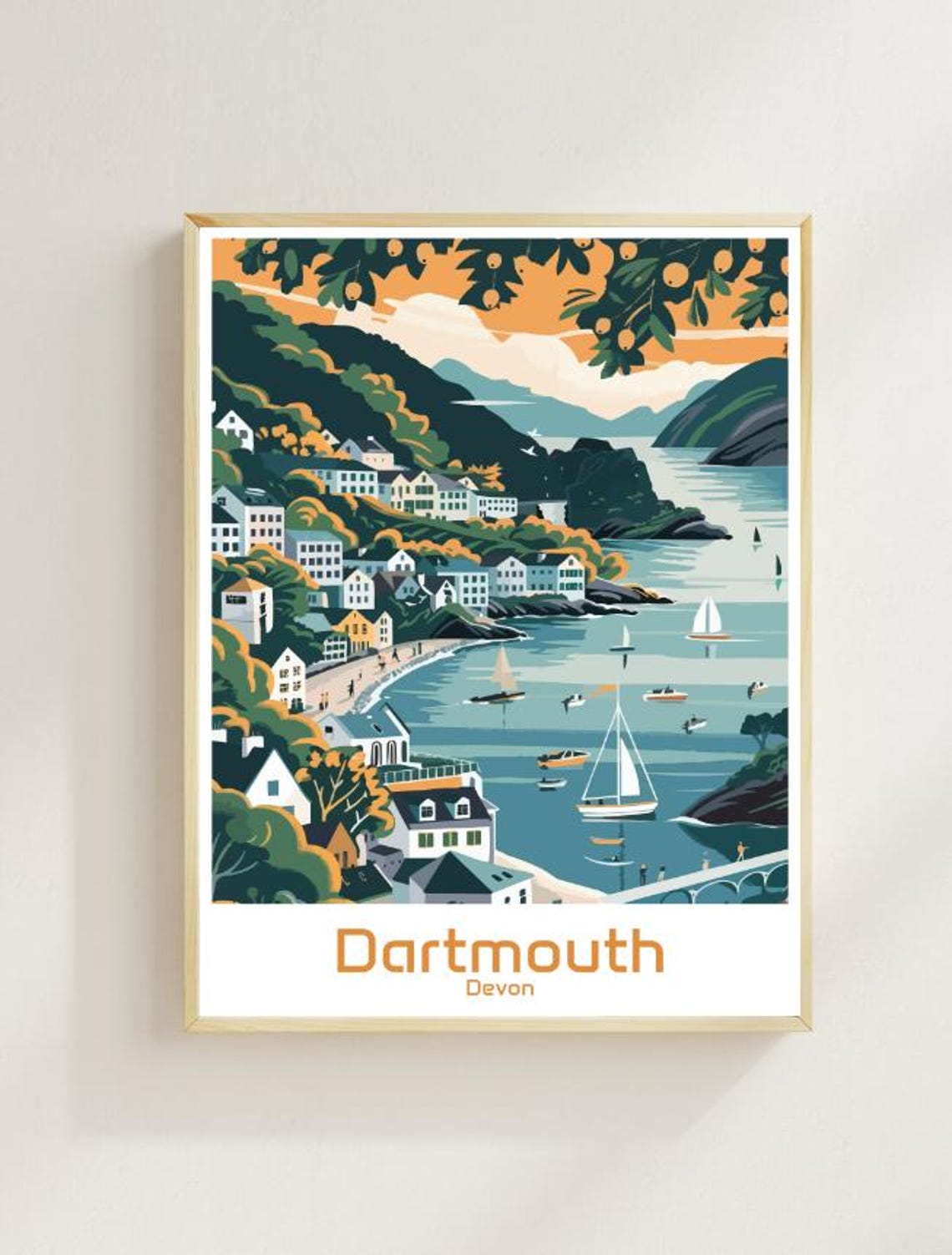 Dartmouth Devon Harbour Town and Sailboats at Sunset Glow Poster