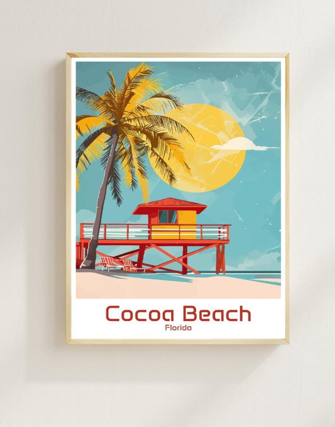 Cocoa Beach Florida Lifeguard Tower Palm Tree Sunset Travel Poster