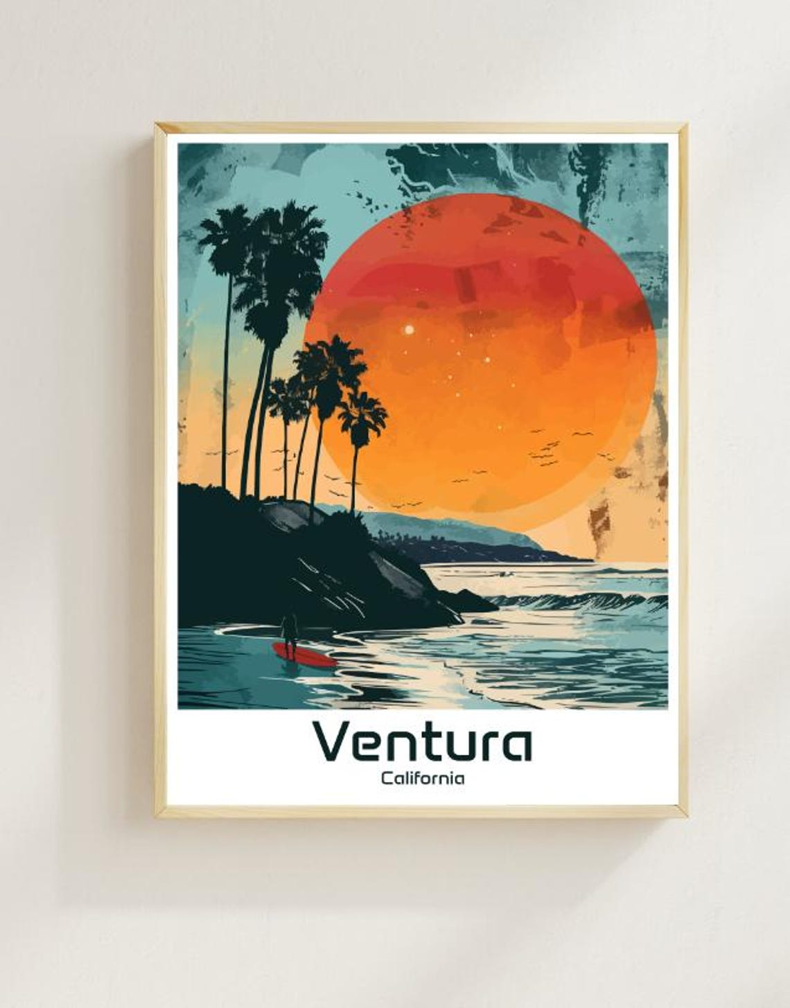Ventura California Beach Sunset with Surfer Retro Travel Poster