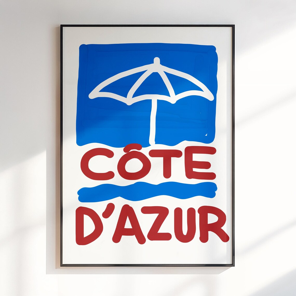 Cote d'Azur Blue Umbrella French Riviera Naive Art Travel Poster