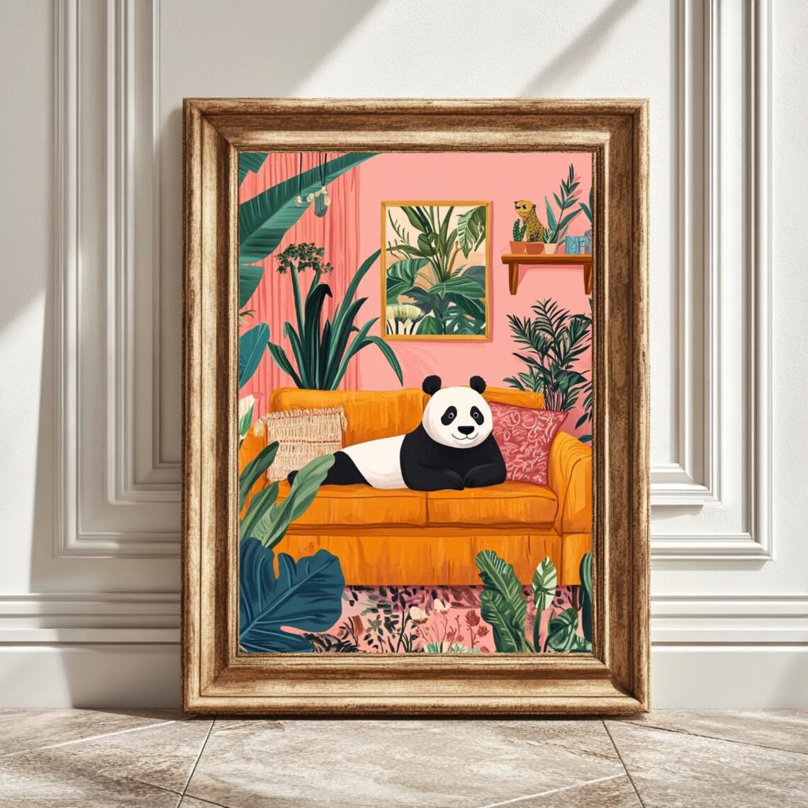 Panda On Sofa, Boho Style Art Print