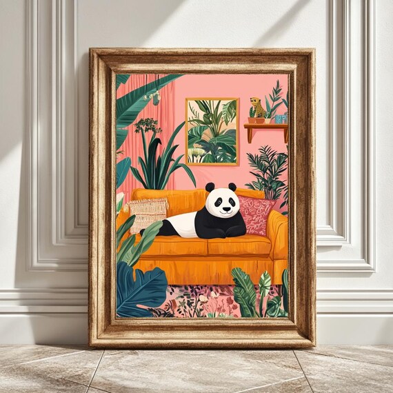 Panda On Sofa, Boho Style Art Print