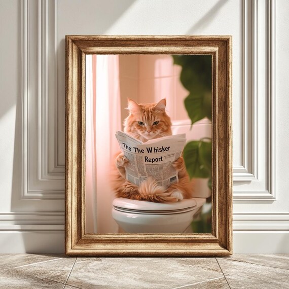 Egyptian Cat With Newspaper, Humorous Bathroom Decor