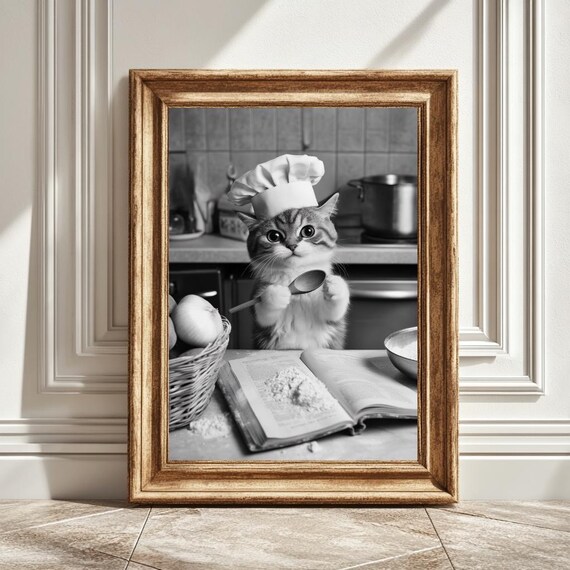 Cat Chef Hat Kitchen Art Print, Cute Cat Lover Gift
