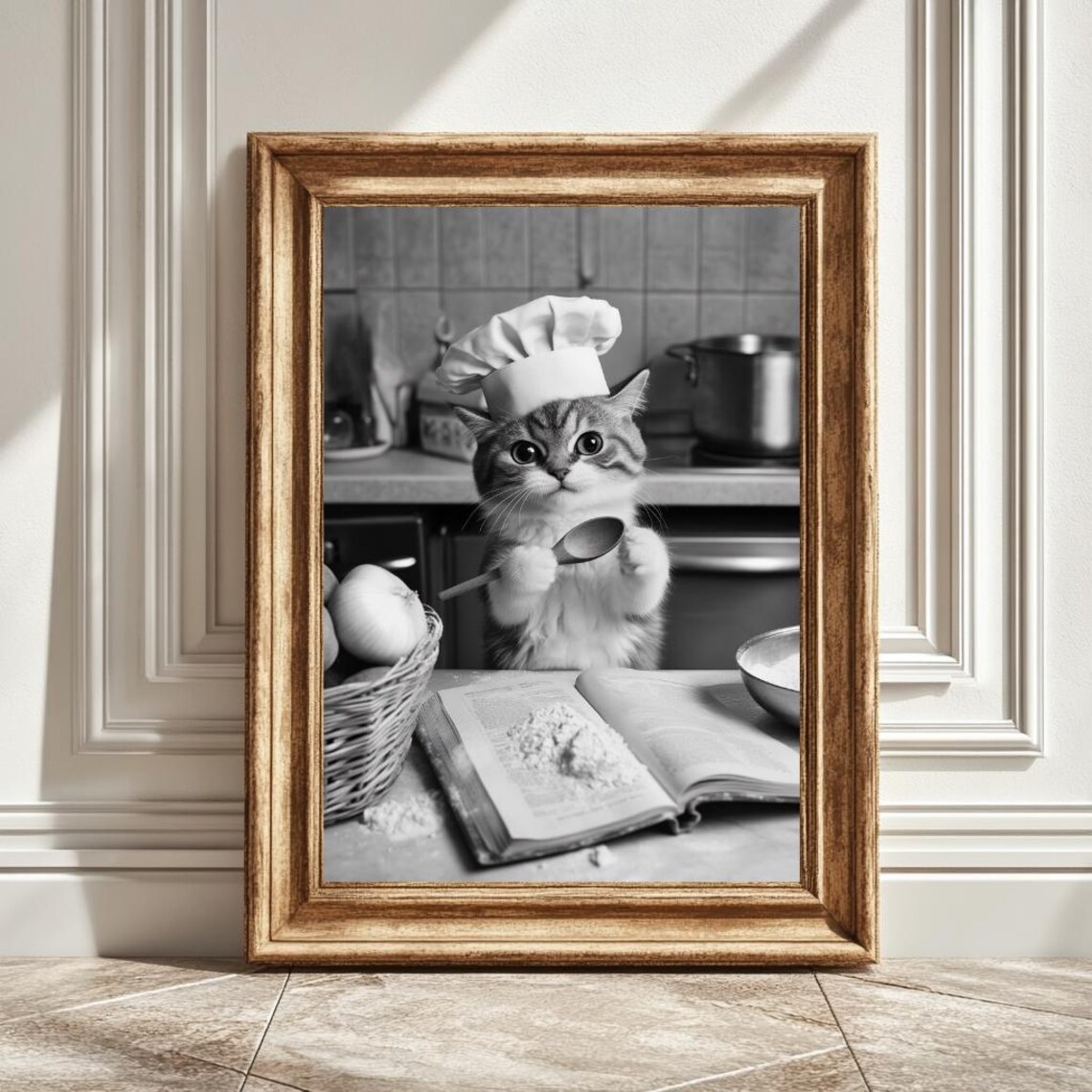 Cat Chef Hat Kitchen Art Print, Cute Cat Lover Gift