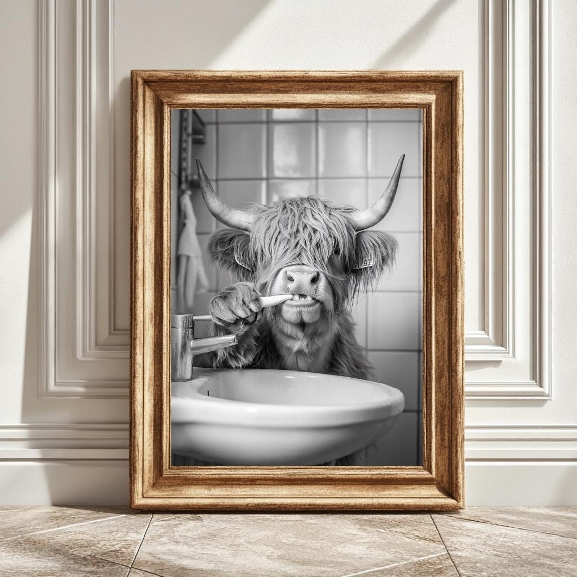 Highland Cow Brushing Teeth, Whimsical Nursery Decor