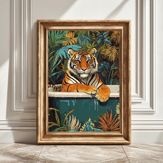 Tiger Bathtub Flowers Art Print, Bathroom Decor