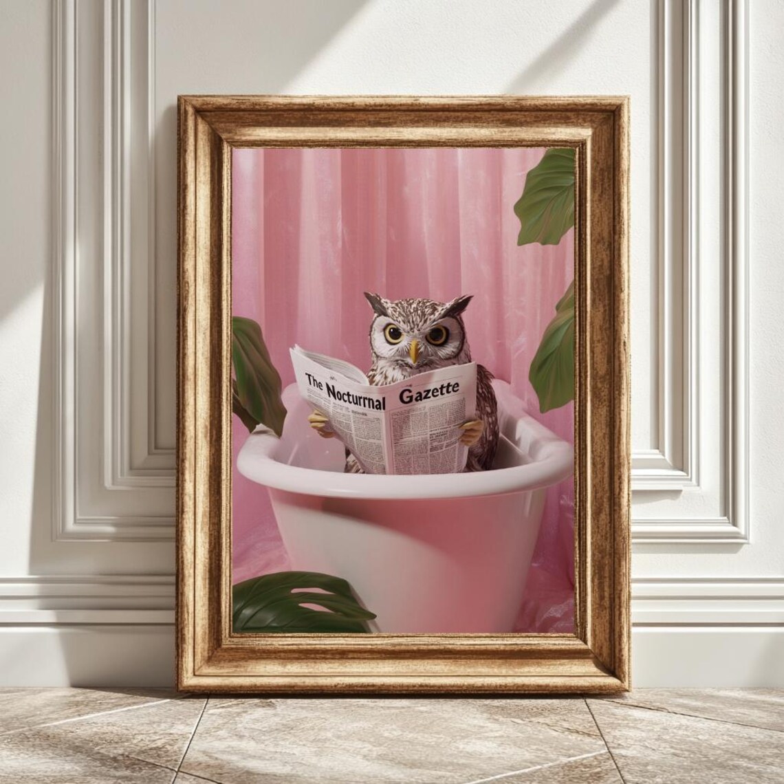 Owl In Bathtub Reading Newspaper, Unique Illustration