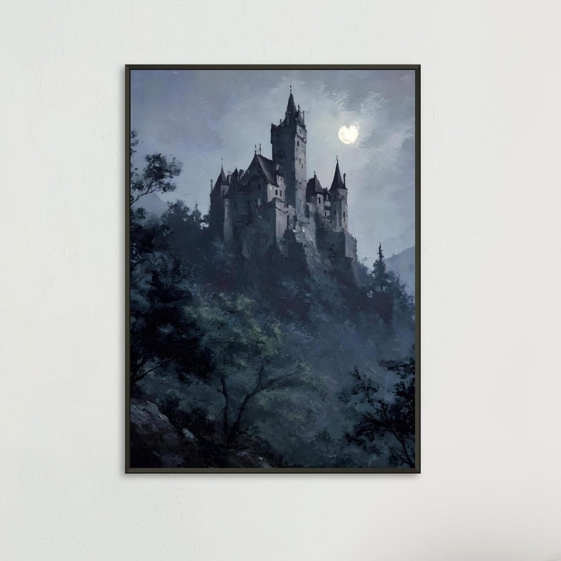 Gothic Castle Under Full Moon Misty Forest Night Dark Fantasy Oil Poster