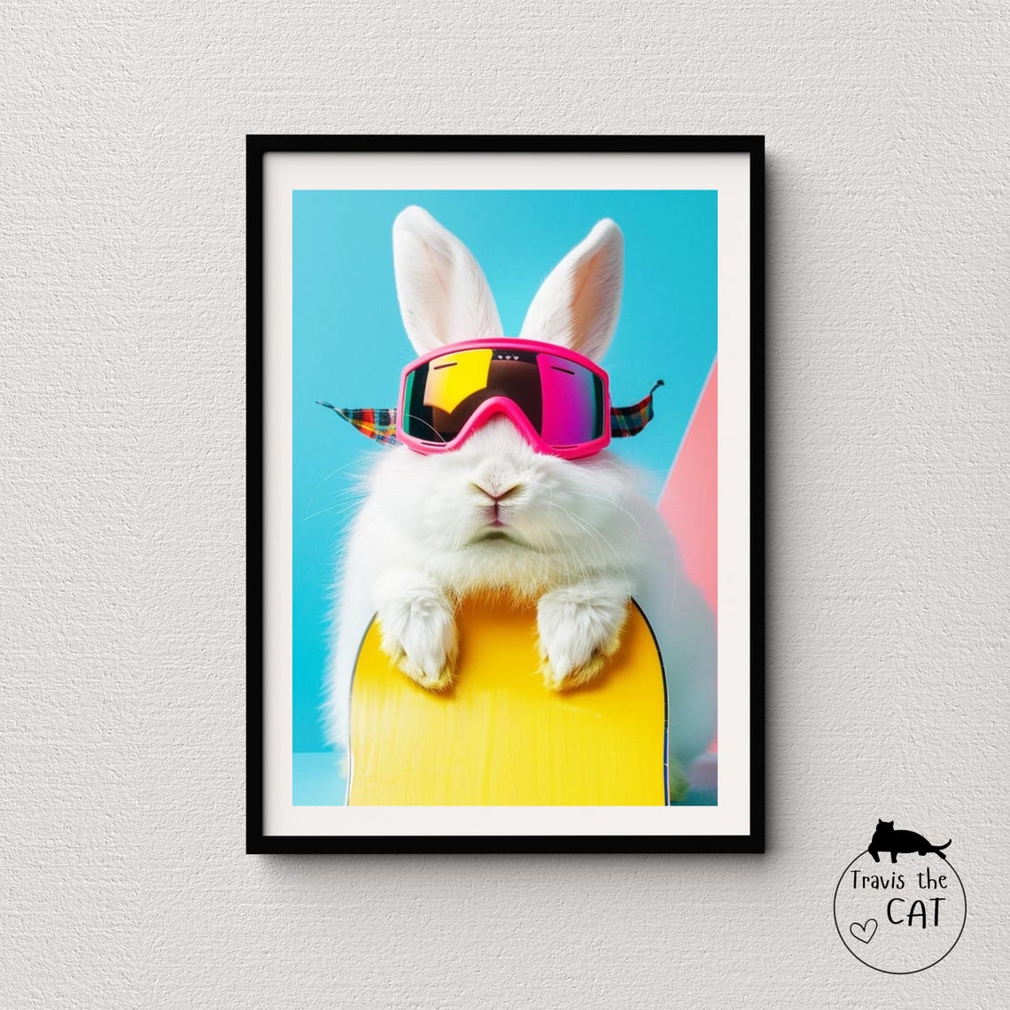 White Rabbit in Pink Ski Goggles Over Yellow Snowboard Fun Pop Poster