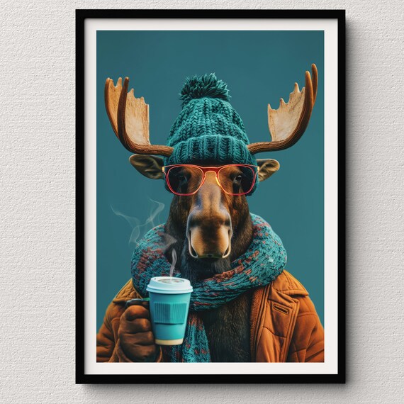 Moose in Knit Beanie Holding a Coffee Cup Cozy Winter Animal Poster