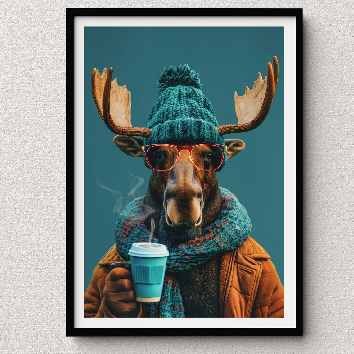 Moose in Knit Beanie Holding a Coffee Cup Cozy Winter Animal Poster