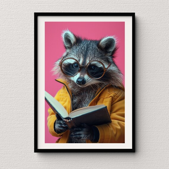 Raccoon in Yellow Jacket Reading a Book Cute Quirky Animal Poster