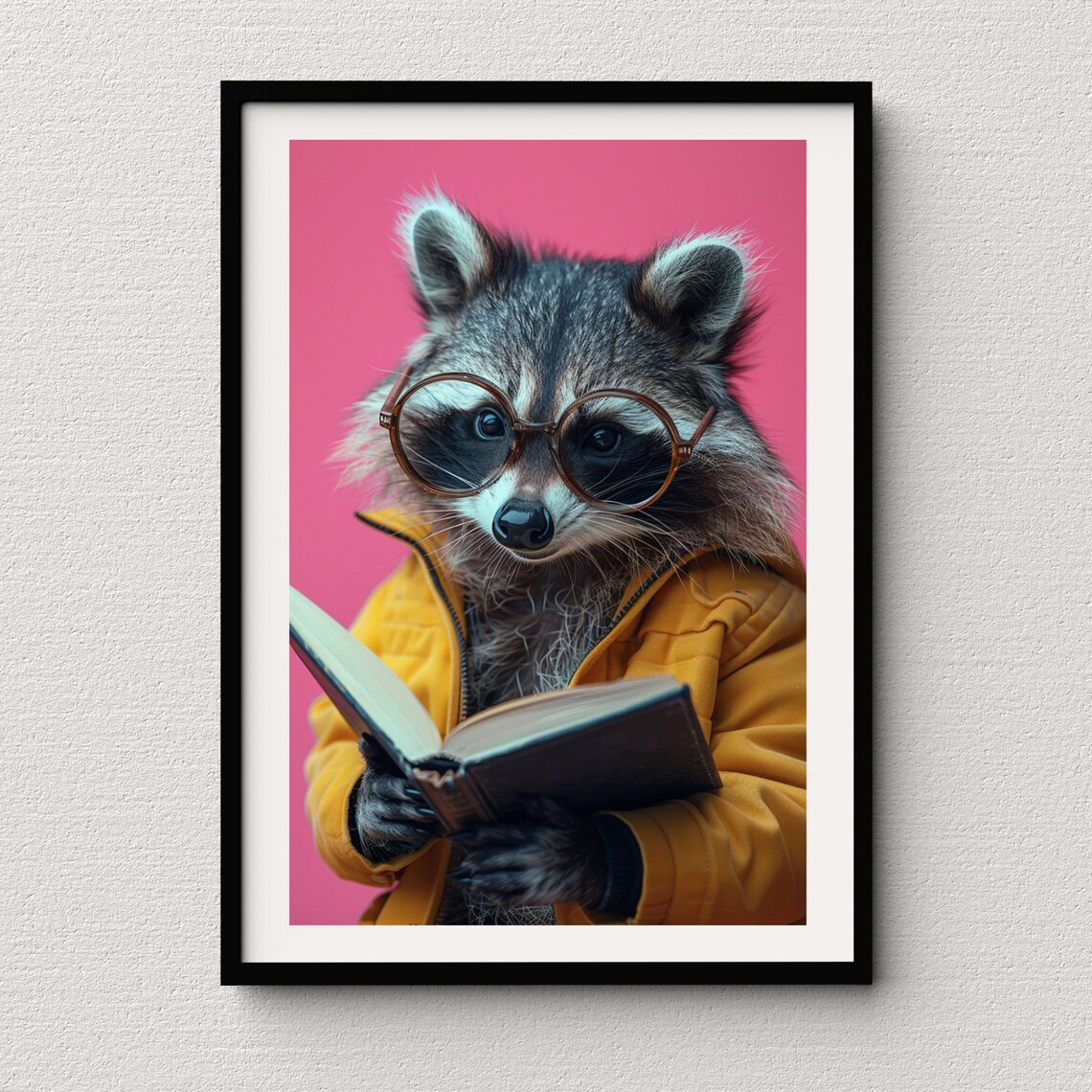Raccoon in Yellow Jacket Reading a Book Cute Quirky Animal Poster