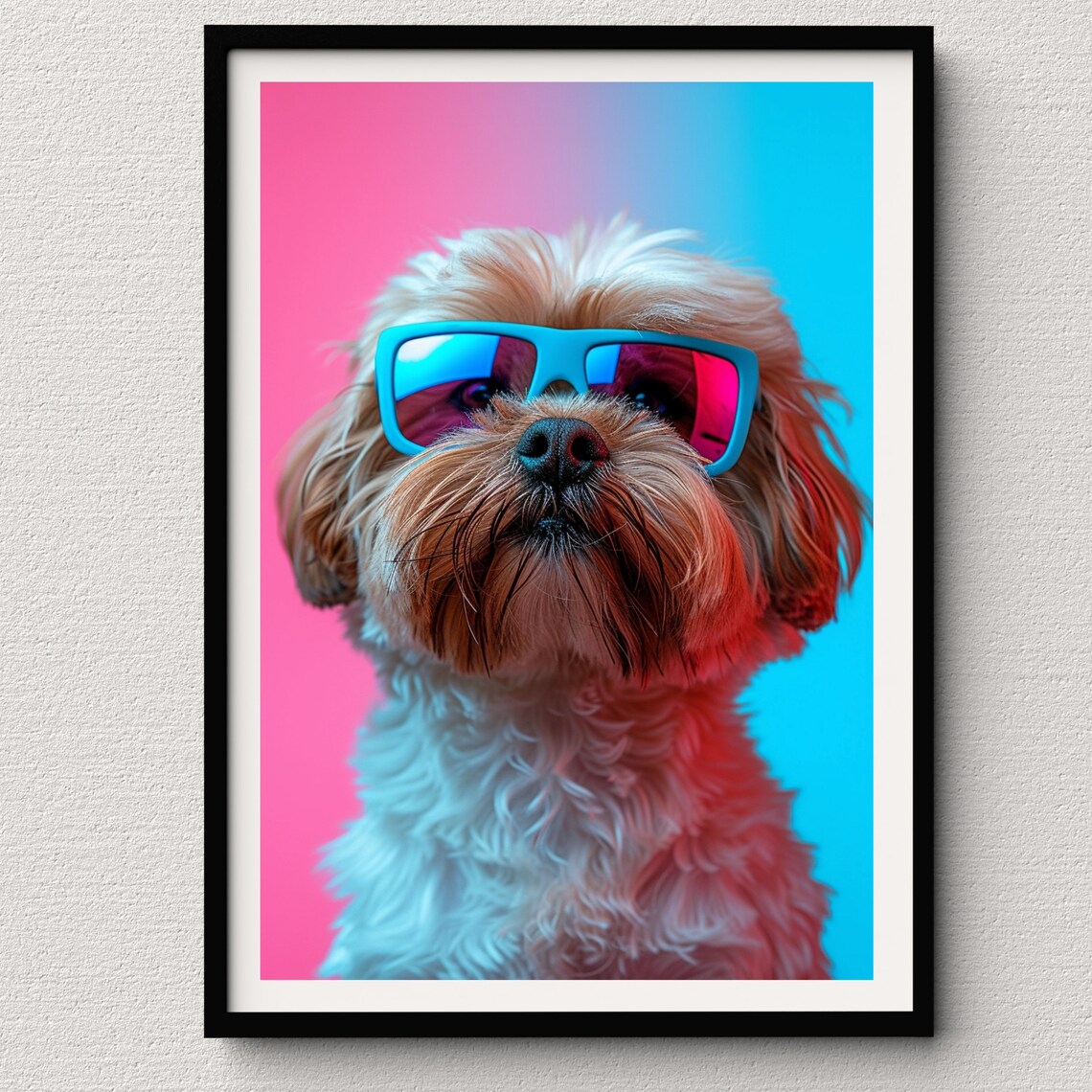 Shih Tzu Puppy in Teal Sunglasses on Pink and Blue Gradient Poster
