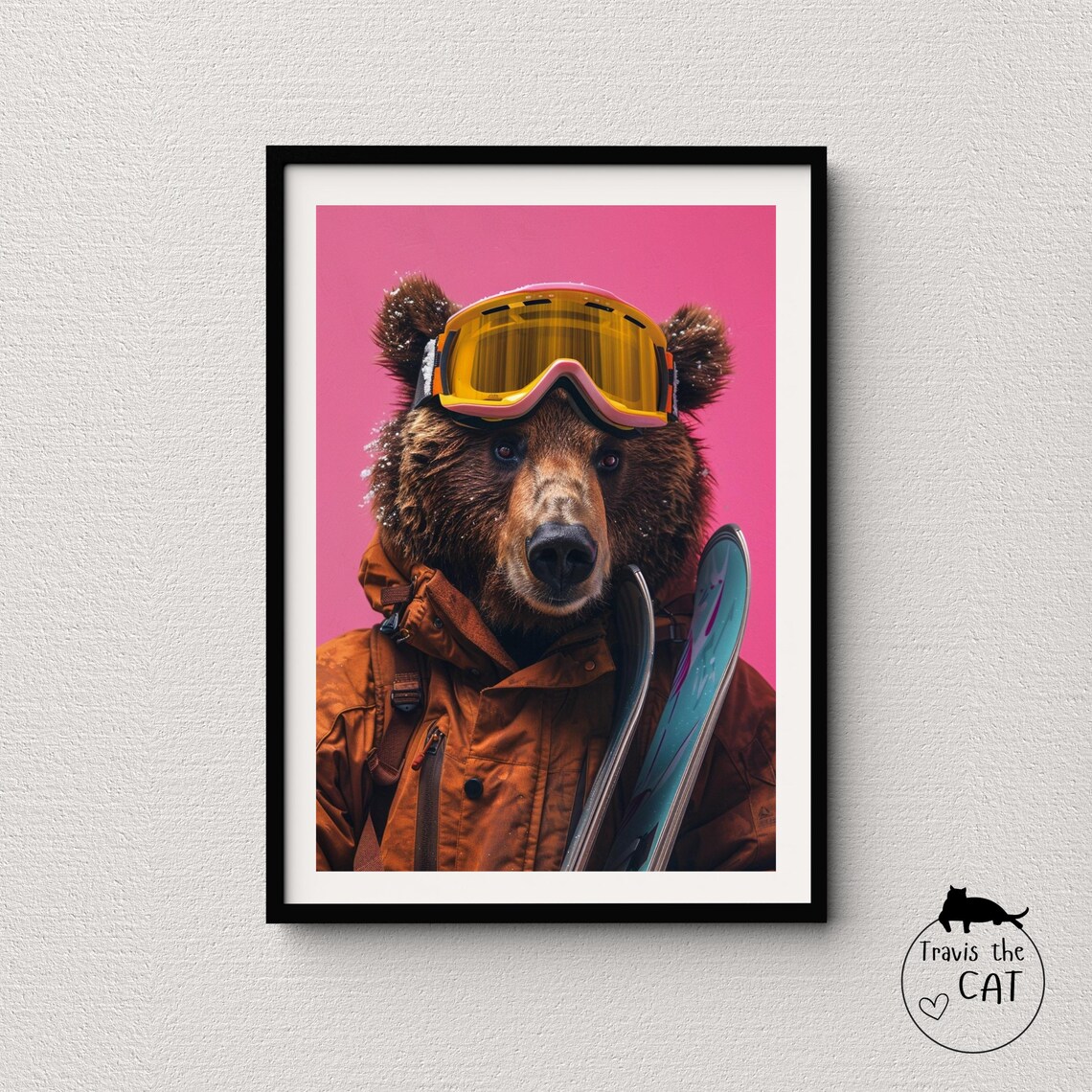 Bear with Ski Goggles Holding a Snowboard Fun Winter Sports Poster