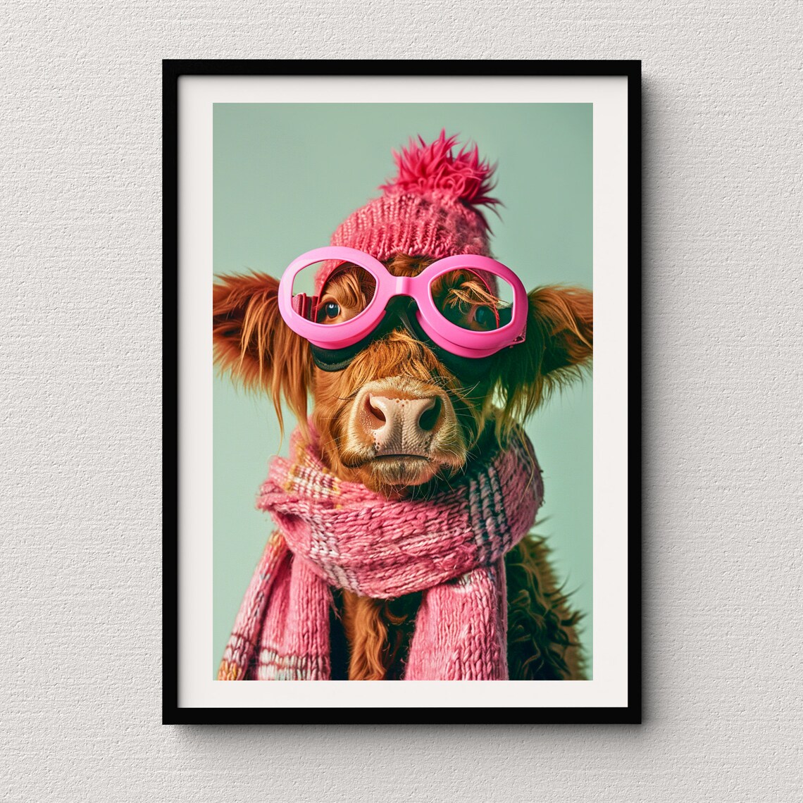 Highland Cow Calf in Pink Beanie and Glasses Cute Winter Fun Poster